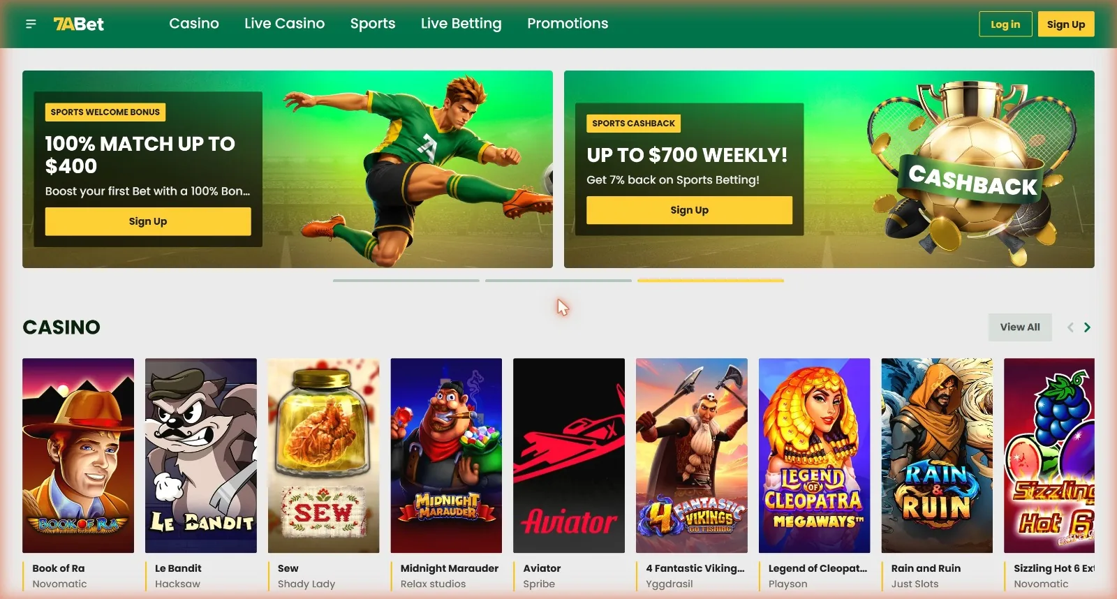 7abet homepage showing the sports welcome bonus and weekly cashback banners
