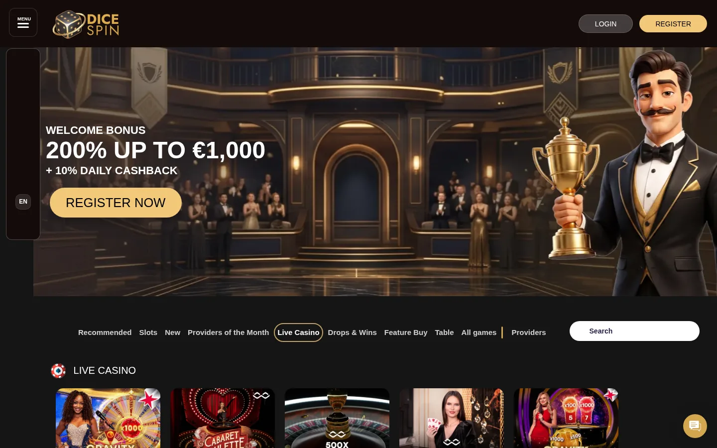 The DiceSpin live casino lobby with Winfinity, Iconic 21 and Playtech tables