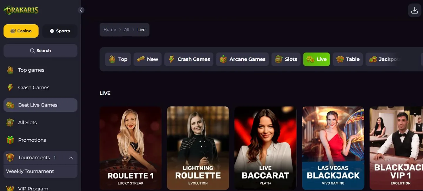 Drakaris live casino with Evolution, Vivo and Lucky Streak dealer tables