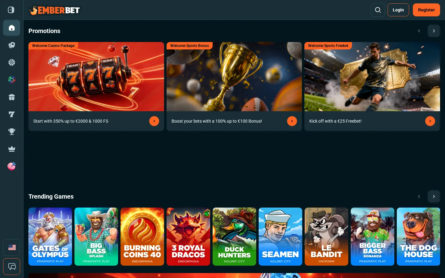 EmberBet homepage with the three welcome offers for casino, sports and freebet players