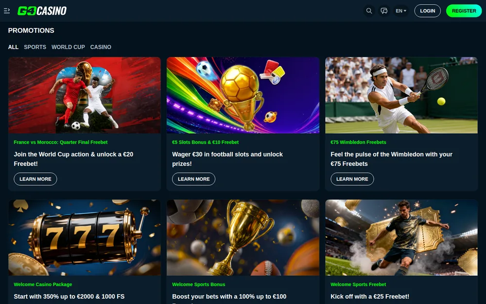 Go4Casino promotions page with 350% welcome package and sports freebets
