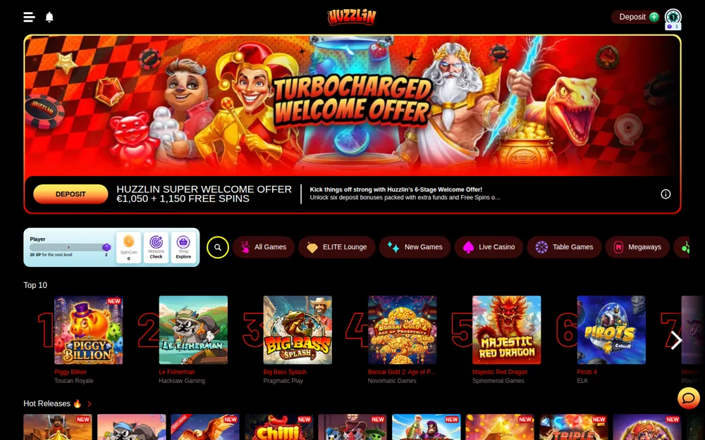 Huzzlin casino homepage with the Turbocharged Welcome Offer banner and Top 10 games