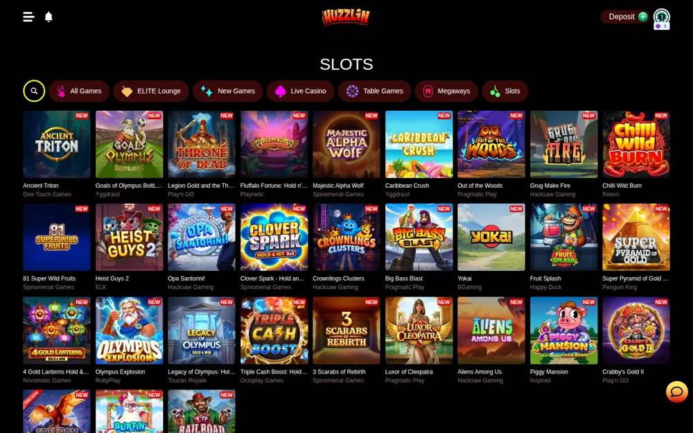 Huzzlin slots lobby with new releases from Hacksaw, ELK, Novomatic and Octoplay