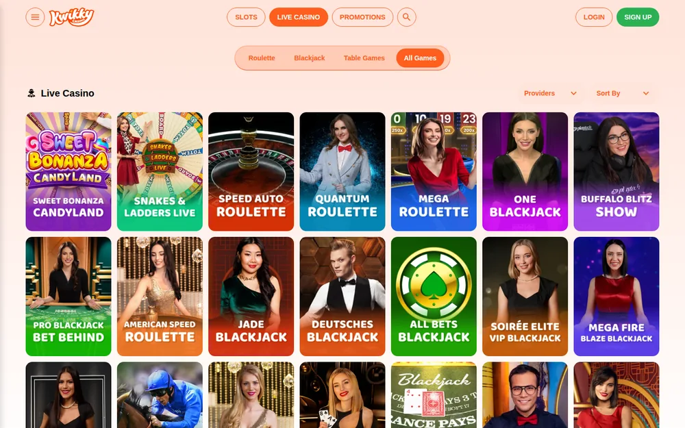 Kwikky live casino lobby with roulette, blackjack and game show tables