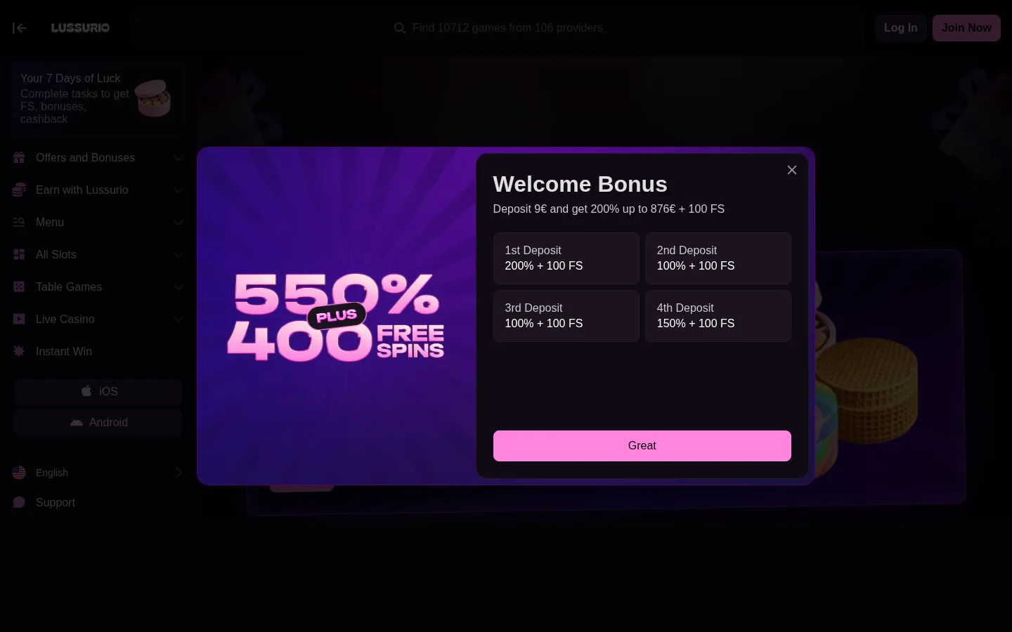 The Lussurio welcome bonus modal showing the four deposit stages