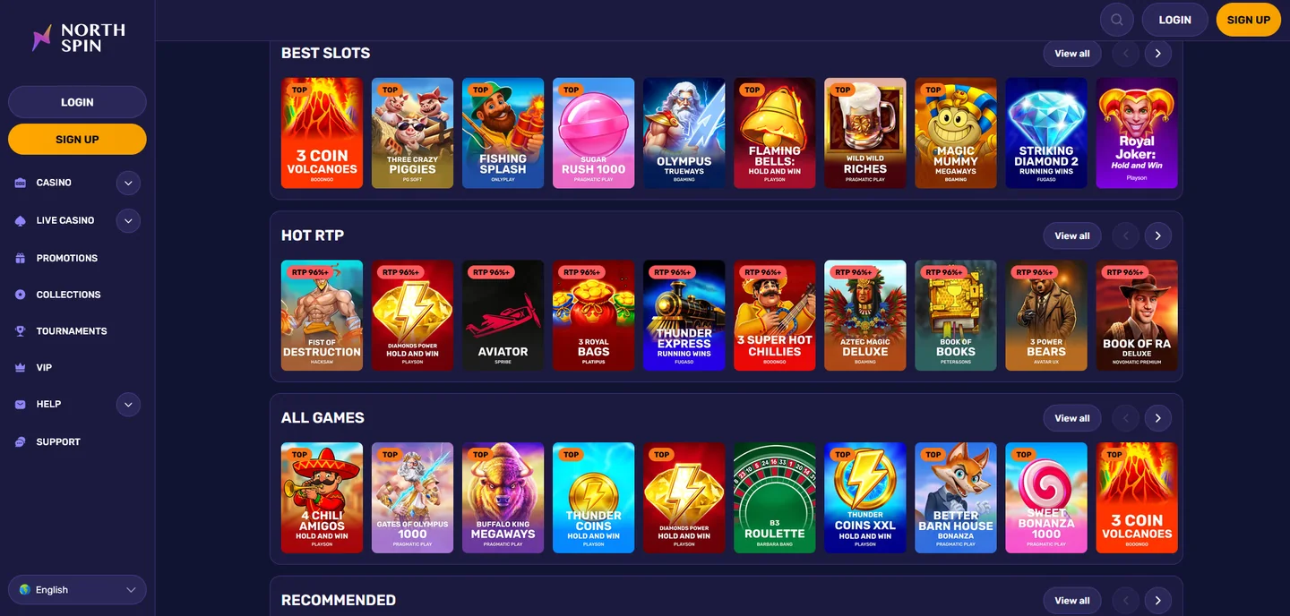 NorthSpin slots lobby showing current titles with provider names and RTP labels