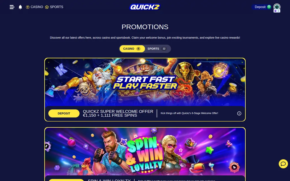 Quickz promotions page with the six-stage welcome offer and Spin & Win loyalty banner