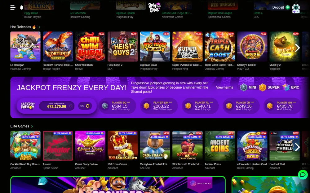 SpinSkull Jackpot Frenzy banner and ELITE Games shelf