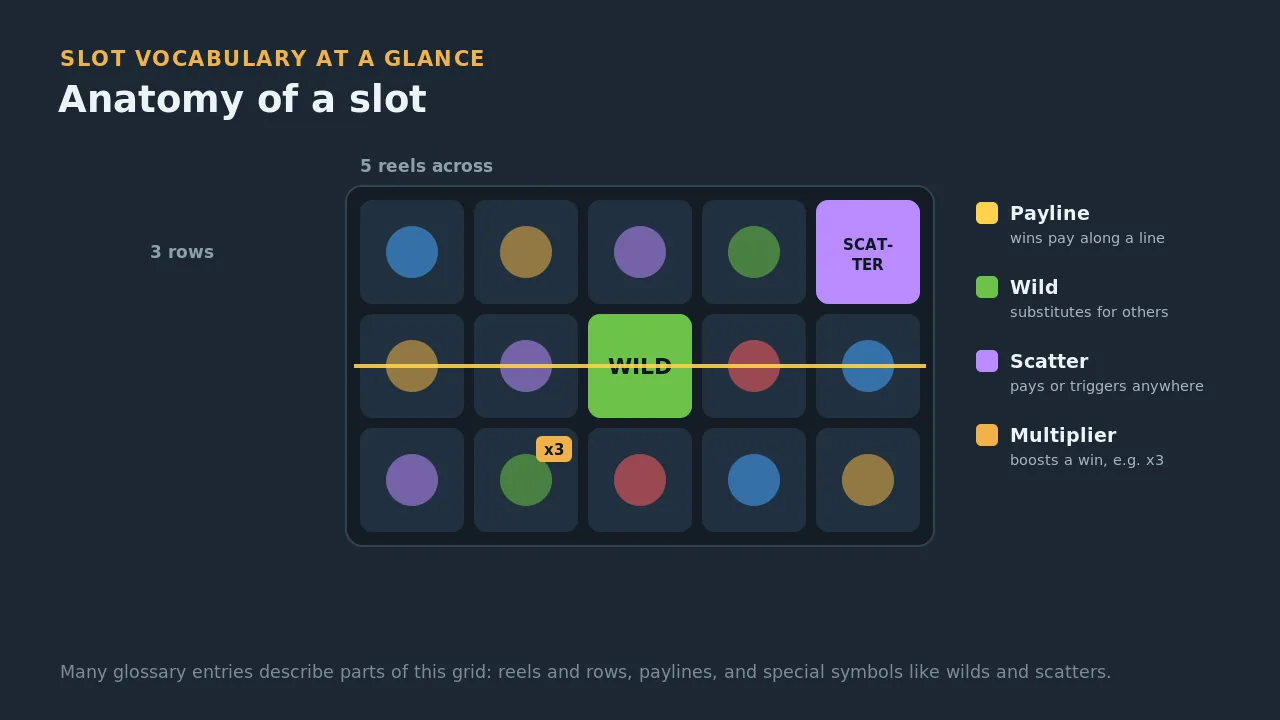 Anatomy of a slot showing reels, rows, a payline, and wild, scatter and multiplier symbols