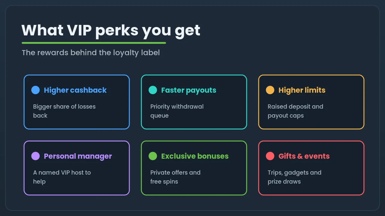Six tiles showing common VIP perks: higher cashback, faster payouts, higher limits, a personal manager, exclusive bonuses and gifts or events