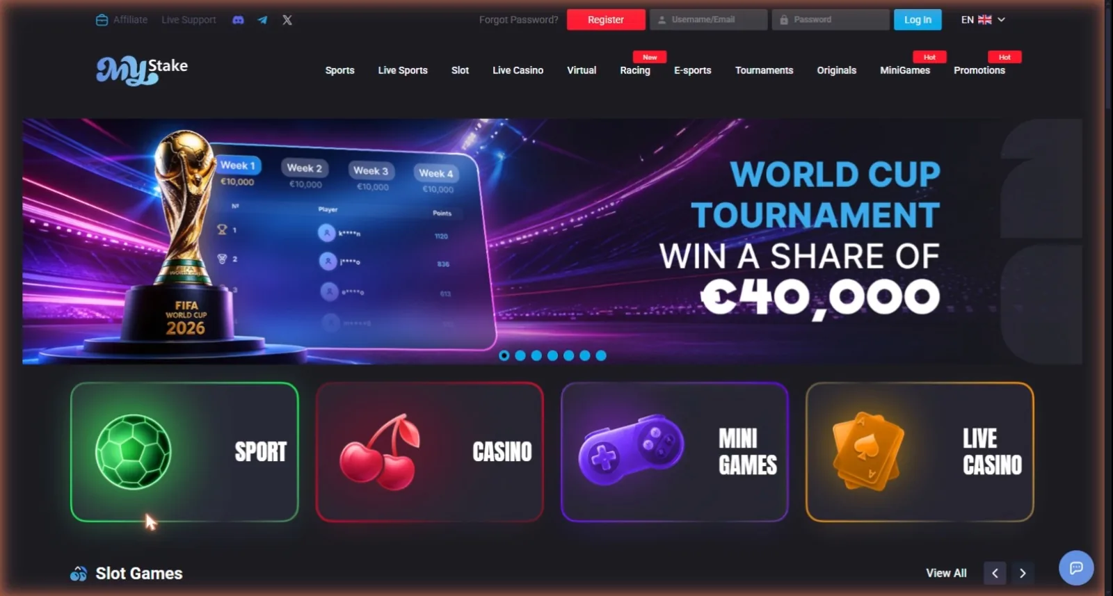 MyStake homepage with sportsbook, casino and mini games sections