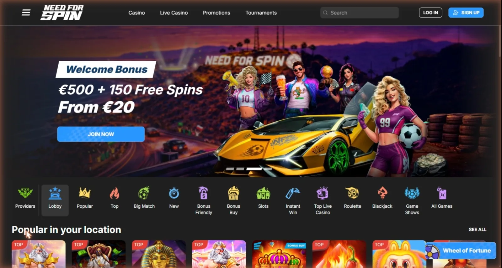 Need for Spin casino homepage with racing theme